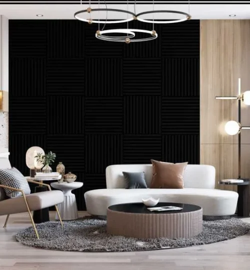 Set Riflaj decorativ - Panouri acustice 3D pe pasla pentru perete sau tavan, Negru mat, 600x24x600 mm, 4 panouri