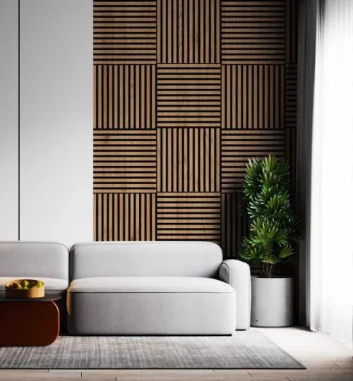 Set Riflaj decorativ - Panouri acustice 3D pe pasla pentru perete sau tavan, Stejar Natur, 600x24x600 mm, 4 panouri
