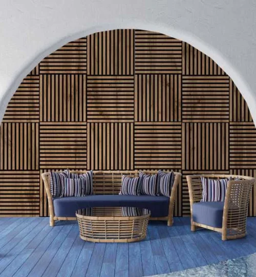 Set Riflaj decorativ - Panouri acustice 3D pe pasla pentru perete sau tavan, Stejar Wotan, 600x24x600 mm, 4 panouri